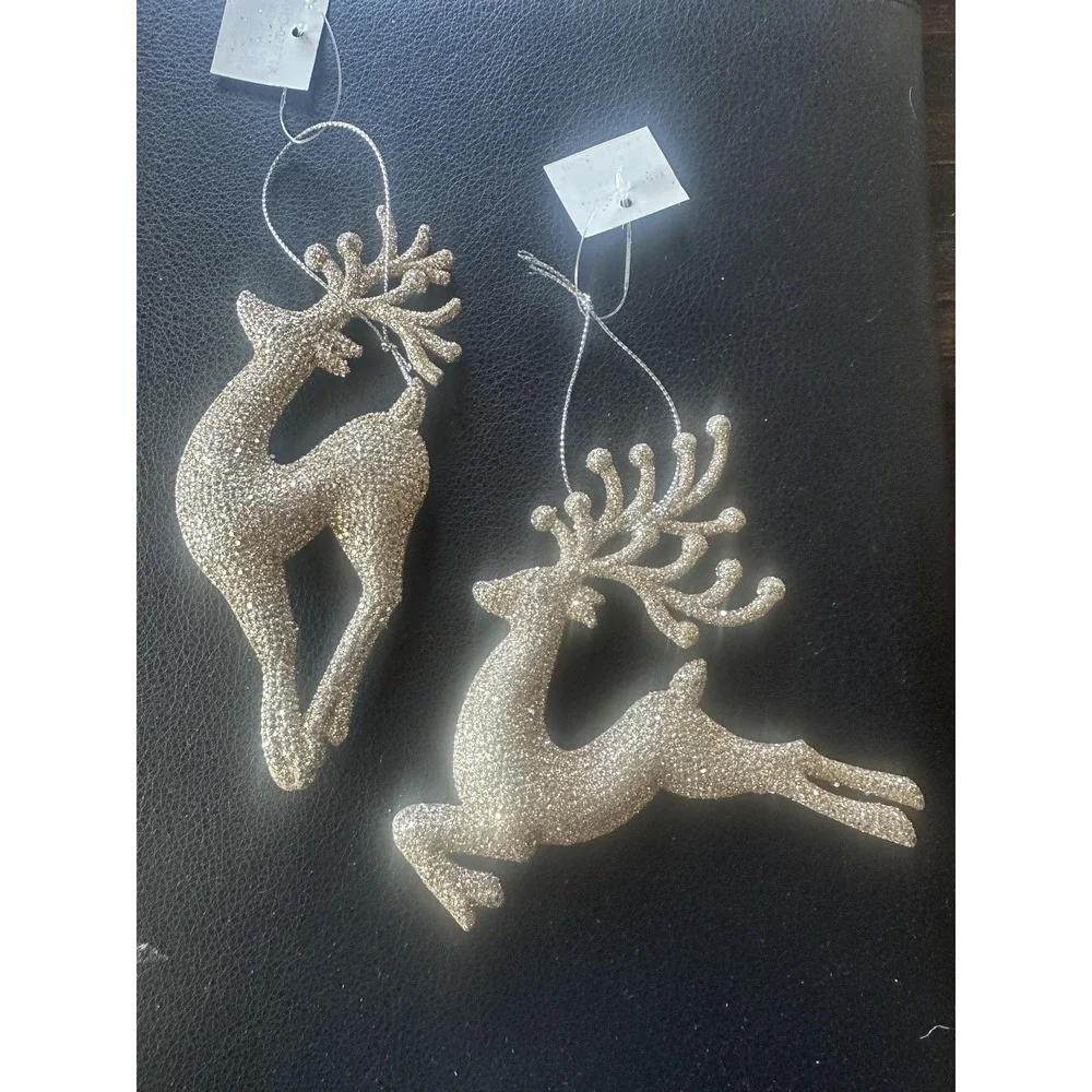 Gold Glitter Reindeer Christmas Ornaments Set of 2 Holiday‎ Tree Decor